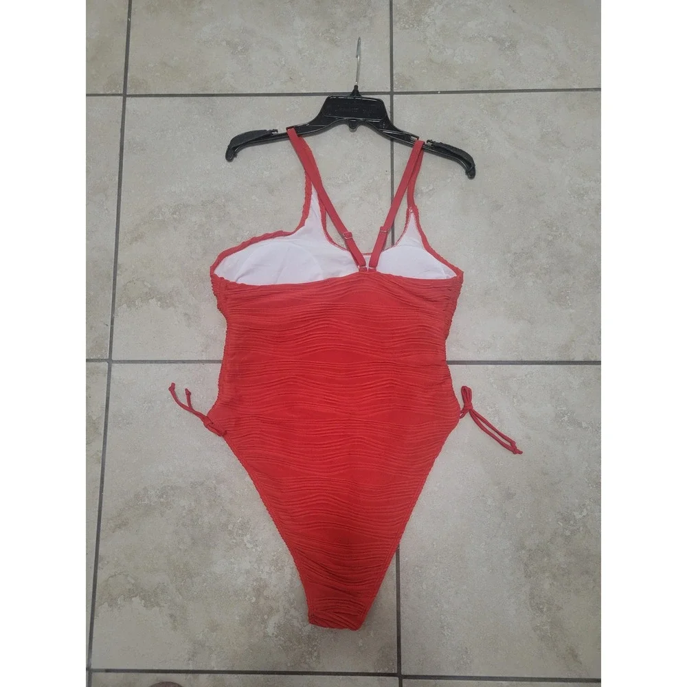 Red‎ One Shoulder Swimsuit Crisscross Back Tie Side Textured Swim One Piece